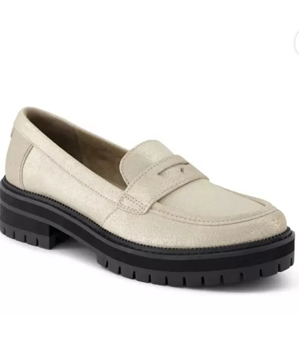 TOMS Women Cara Metallic Sparkly Leather Lug Sole Loafers Size 7.5